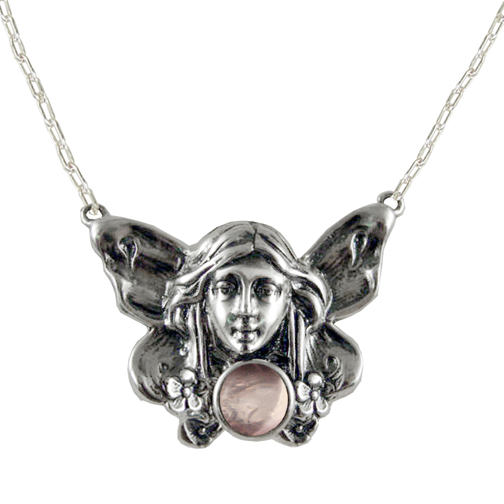 Sterling Silver Winged Fairy Aromatherapy Pendant Necklace With Rose Quartz